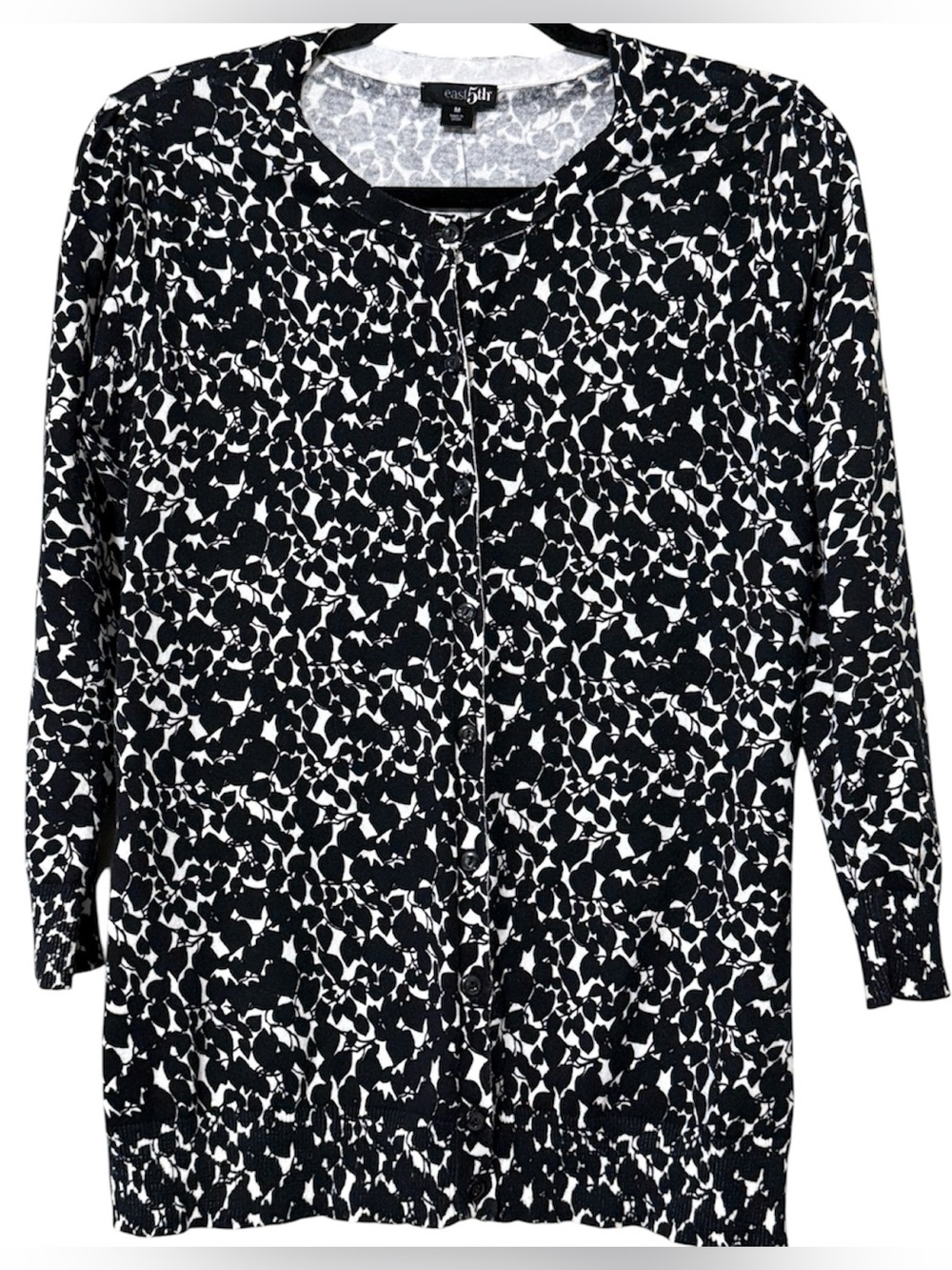 East 5th women's medium cardigan 3/4 sleeves black white heart pattern new